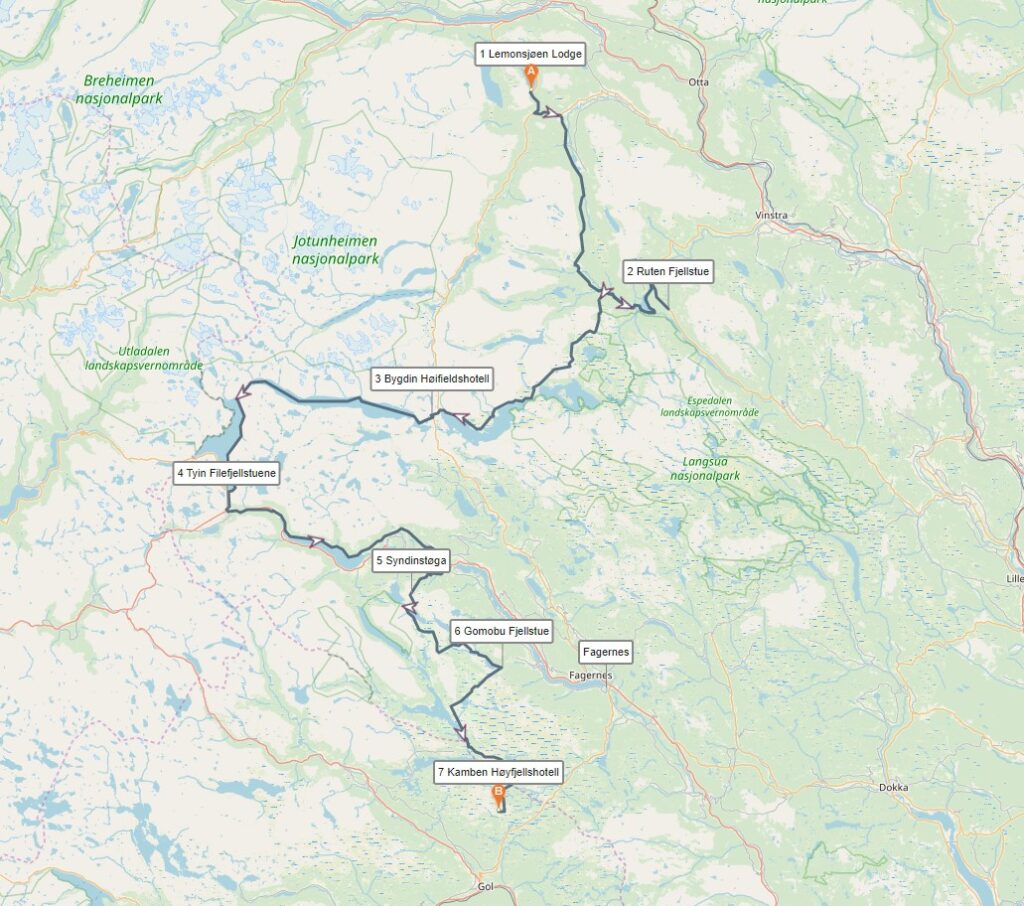 Kaart 8 daagse Jotunheimen fietsvakantie